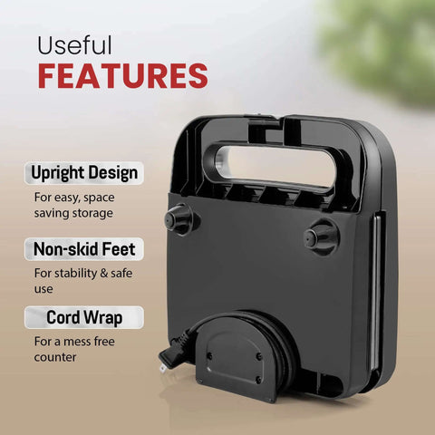 Back view of Go-To Panini Maker Grill Press For Quick Grilled Cheese And More 2 Slice with upright design and cord wrap