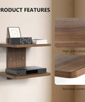 Wall Mounted Two Tier Floating Media Shelf In Rich Walnut Brown For Projectors And DVD Players With No Sweat Cable Routing And Heavy Duty Build, showcasing high-gloss finish and rounded corners.