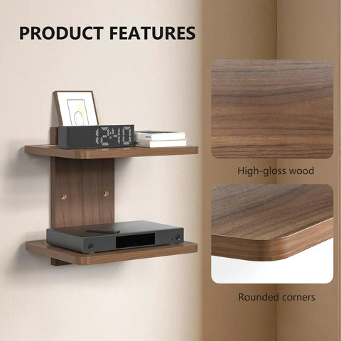 Wall Mounted Two Tier Floating Media Shelf In Rich Walnut Brown For Projectors And DVD Players With No Sweat Cable Routing And Heavy Duty Build, showcasing high-gloss finish and rounded corners.