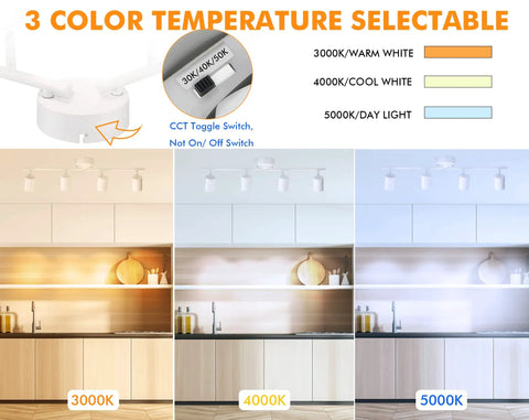 Six-Head LED Track Lighting Kit 40W dimmable in kitchen, 3000K warm, 4000K cool, 5000K daylight selectable, white finish