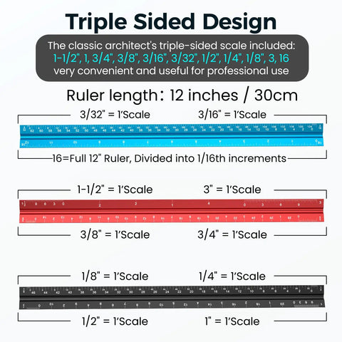 Image of a 12 Inch Triangular Architect Scale Ruler For Drafting And Blueprints Aluminum Alloy Pro Grade Tool With Six Scales On Three Sides.