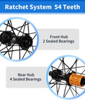 Ultralight 700C Carbon Road Wheelset ratchet system showing front hub with 2 sealed bearings and rear hub with 4 sealed bearings.