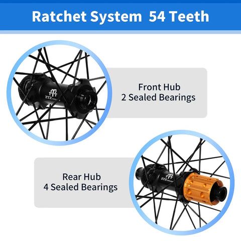Ultralight 700C Carbon Road Wheelset ratchet system showing front hub with 2 sealed bearings and rear hub with 4 sealed bearings.