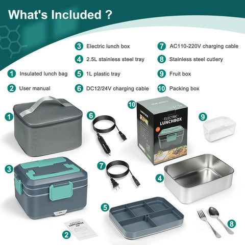 Electric Lunch Box For Adults, 100W 3.5L Two-Layer Heated Food Warmer With 304 Stainless Steel, 3-In-1 Fast Heating included items