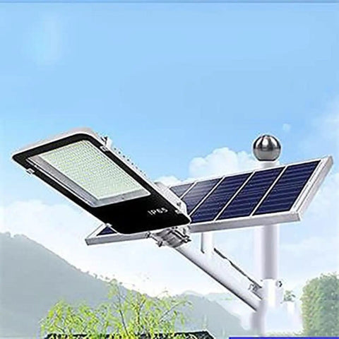 Outdoor Solar Security Flood Light With Remote And Dusk To Dawn Sensor Super Bright Led Yard Lighting mounted with solar panel under clear sky.