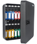 Heavy Hitter Steel Key Wall Cabinet With Dead Tough 3 Digit Combo Lock Box For Indoor Offices Realtors Schools And Apartments Holding Up To 28 Keys open showing colorful key tags.
