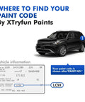 Diagram showing where to find paint code on a vehicle with image of a black SUV and highlighted paint code LC9X