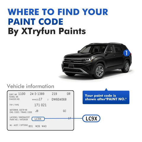 Diagram showing where to find paint code on a vehicle with image of a black SUV and highlighted paint code LC9X