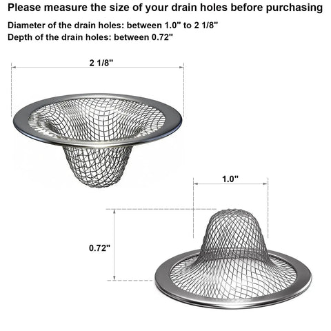 Top Shelf Heavy Duty Stainless Steel Drain Strainer With Hair Catcher For Bathroom And Utility Sink Rust Proof Mesh Filter Basket dimensions shown.