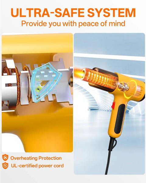 1600W Heat Gun With Dual Temp Settings and Quick Heat, showcasing overheating protection and UL-certified power cord