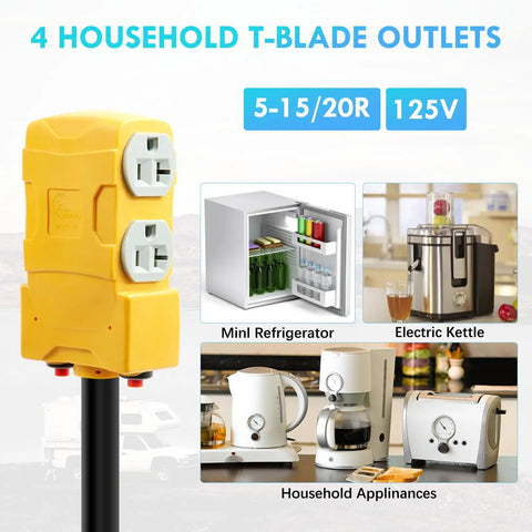 RV Distribution Adapter 50 Amp To 20 Amp 110V NEMA 14 50P To Four 5 20R And 15R showing yellow outlets and appliances