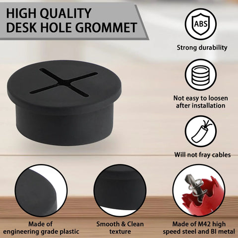 Image of 12 Pieces 1 Inch Desk Grommets And 1 Inch Hole Saw Set Black ABS Engineering Plastic Durable Cable Management displayed with features.