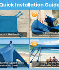 Quick installation guide for Spacious 10x10 Beach Tent With UPF 50 Sun Shelter Windproof Frame 8 Heavy Duty Sandbags