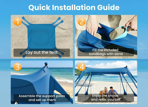 Quick installation guide for Spacious 10x10 Beach Tent With UPF 50 Sun Shelter Windproof Frame 8 Heavy Duty Sandbags