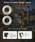 2 Pack Solar Rope Lights 78Ft Total 200LED Warm White Outdoor String Lights IP65 Waterproof Solar Powered Fairy Lights With 8 Lighting Modes To Deck Out Your Yard Garden Patio Tree Decor, shown unpackaged with solar panel and assembly instructions.