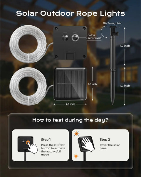 2 Pack Solar Rope Lights 78Ft Total 200LED Warm White Outdoor String Lights IP65 Waterproof Solar Powered Fairy Lights With 8 Lighting Modes To Deck Out Your Yard Garden Patio Tree Decor, shown unpackaged with solar panel and assembly instructions.