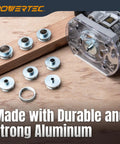 Heavy Duty Aluminum Router Template Guide Bushing Set With Hard Shell Carry Case Fits Porter Cable Style Base Plates 5/16 To 1 Inch For Woodworking showing aluminum bushings on wood.