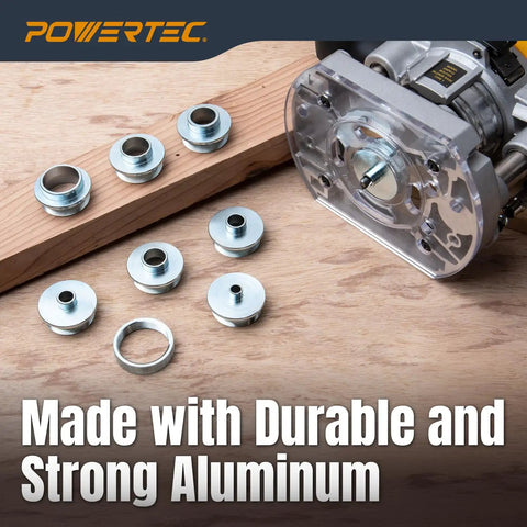 Heavy Duty Aluminum Router Template Guide Bushing Set With Hard Shell Carry Case Fits Porter Cable Style Base Plates 5/16 To 1 Inch For Woodworking showing aluminum bushings on wood.