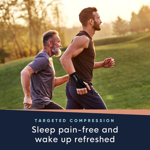 Two men jogging in park, one wearing Wrist Brace With Copper Infusion For Pain Relief And Support In Carpal Tunnel Arthritis Tendonitis RSI And Sports Injuries Adjustable Orthopedic Wrist Splint For Men And Women Right Or Left All Day Comfort