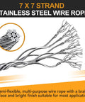 Close-up of 7x7 strand stainless steel wire rope with braided finish, used in 4 Pack Stage Light Safety Cables With Loops And Snap Hooks, 2 Ft Long, 1/8 Inch Diameter, Premium 304 Stainless Steel Rigging Cables Not Coated, Strong Up To 150 Lb.