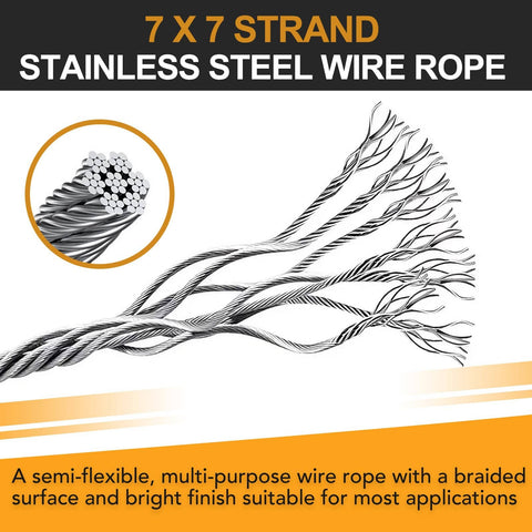 Close-up of 7x7 strand stainless steel wire rope with braided finish, used in 4 Pack Stage Light Safety Cables With Loops And Snap Hooks, 2 Ft Long, 1/8 Inch Diameter, Premium 304 Stainless Steel Rigging Cables Not Coated, Strong Up To 150 Lb.