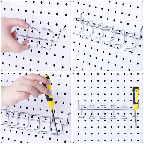 Pro Grade Pegboard Tool Holder Set With Ring Style Hooks for screwdrivers on silver rack installed in pegboard