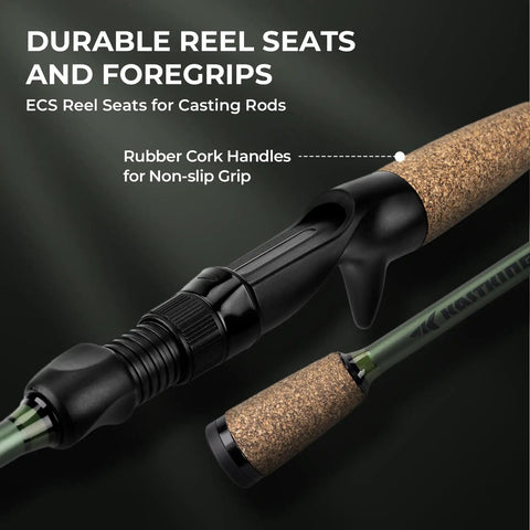 Six Foot Eight Inch Medium Heavy Baitcasting Rod And Reel Combo With Right Hand Retrieve For Freshwater Fishing High Sensitivity IM6 Graphite Construction Durable Responsive Casting Gear For Anglers, showing durable reel seats and cork handles.
