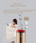 Premium Portable Electric Water Heater Grab And Go Mobile Shower System, woman in towel beside unit, battery powered, indoor use.