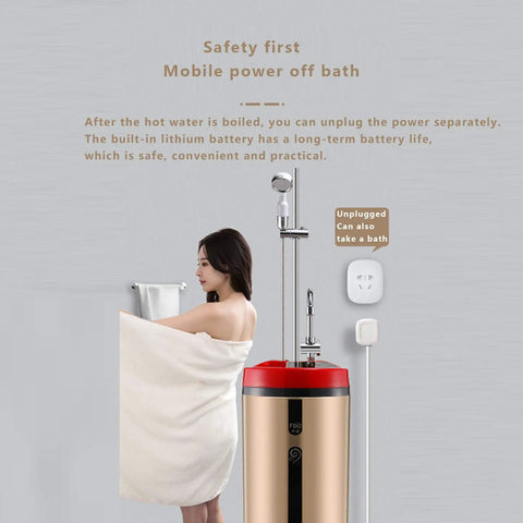 Premium Portable Electric Water Heater Grab And Go Mobile Shower System, woman in towel beside unit, battery powered, indoor use.