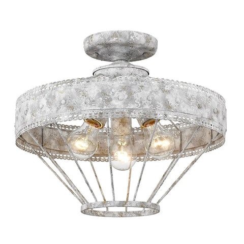 Ferris Oyster Semi Flush Mount Ceiling Light With White And Gold Accents, Vintage Farmhouse Style Ceiling Fixture, Bulb Detail