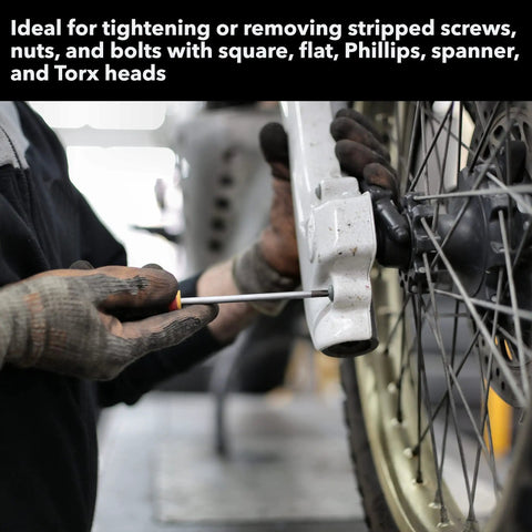 Mechanic using ScrewGrab Friction Gel For Stripped Screws, Quick Grip Anti Seize Formula That Reclaims Damaged Screw Heads on vehicle wheel