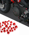 Red ABS Hex Socket Screw Cover Kit For Motorcycle Fairings And Frames, 30 Piece Assorted Set In M8 M10 M14 Sizes, High Gloss Finish, Rust Resistant Bolt Nut Caps To Spruce Up Your Ride. red ABS hex caps on motorcycle fairing