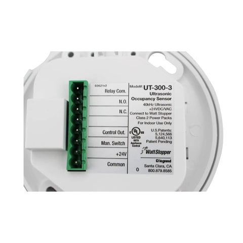 Back view of Ultrasonic Ceiling Occupancy Sensor UT-300-3 showing wiring and label details