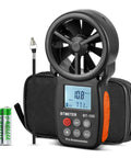 Handheld Anemometer Wind Speed And Airflow Gauge With Temperature And Wind Chill, Pro Grade Digital Meter For HVAC And Drones, Measures 0.3 To 60 M/S In 5 Units (M/S, KM/H, MPH, FT/MIN, KNOTS), 14F To 113F Temperature Range For Outdoor Use, depicting front view with display, case, and accessories