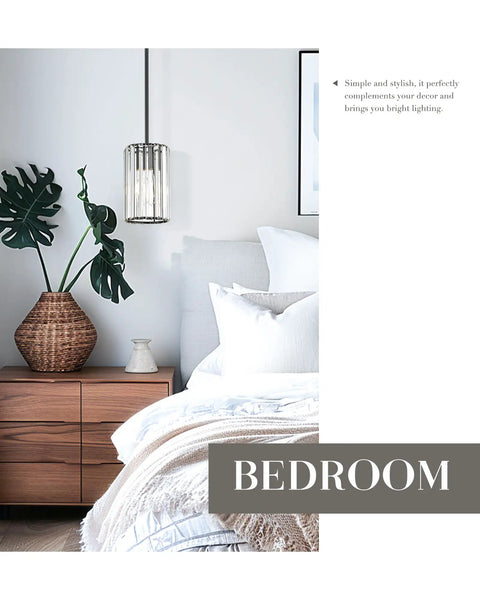 Bedroom with Four-Tier Crystal Chandelier In Matte Black, Modern 3-Light Pendant for dining room, kitchen island, bedroom and entryway.