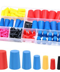 130 Pcs High Temp Silicone Rubber Stopper Set With 8 Sizes Tapered Plugs, pink, black, red, yellow, blue in a compartmental box