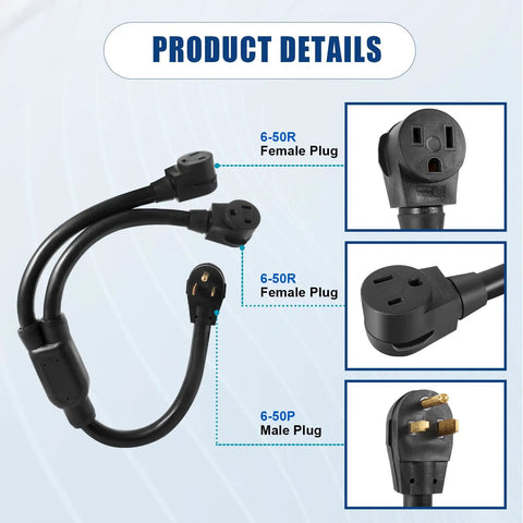 No Nonsense Heavy Duty 50 Amp Nema 6-50 Welder Splitter Adapter Cable features dual 6-50R female plugs and a 6-50P male plug.