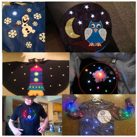 Various projects made with the LilyPad Sewable Electronics Starter Kit For Arduino Learning E Textiles; shirts and fabric with LEDs.
