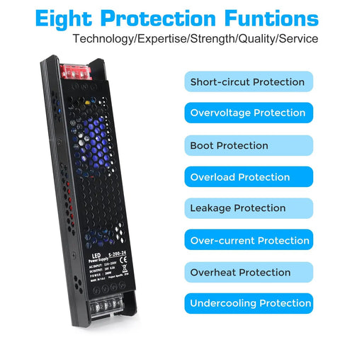 24V DC Power Supply 8.5A 200W Universal Regulated Switching Adapter For LED Strip Lights And Lighting Fixtures 110 to 250V AC To 24V DC Converter LED Driver For Projects And Radios Workhorse with eight protection functions, including short-circuit, overvoltage, and overload protection.