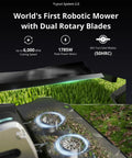 One Plus Robotic Lawn Mower With Wire Free RTK And Vision Navigation, showing dual SK5 blades and 1785W peak power motor