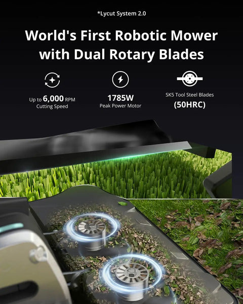 One Plus Robotic Lawn Mower With Wire Free RTK And Vision Navigation, showing dual SK5 blades and 1785W peak power motor