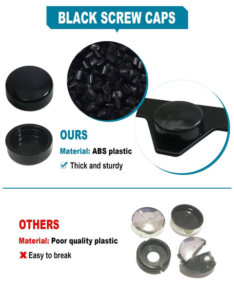 Black screw caps with ABS plastic for magnetic license plate holder, compared to fragile alternatives