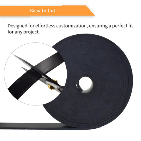 Heavy Duty Rubber Strips Quarter Inch Thick One Inch Wide Twenty Five Feet Long For Gaskets Sealing Bumpers Flooring Doors Cabinets DIY Projects Non Adhesive Solid Rubber Rolls For Protection And Abrasion Resistance shown being cut with scissors