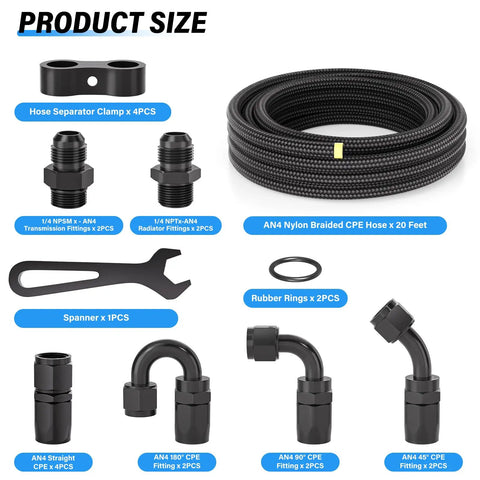 Heavy Duty 4AN Fuel Line Kit Measuring 20 Feet Long Features Nylon Braided Design With 304 Steel Reinforcement Perfect For High Pressure Automotive Racing Systems Up To 750 Psi And Extreme Temps From Below Zero To Over 300 Degrees, AN4 hose set with fittings