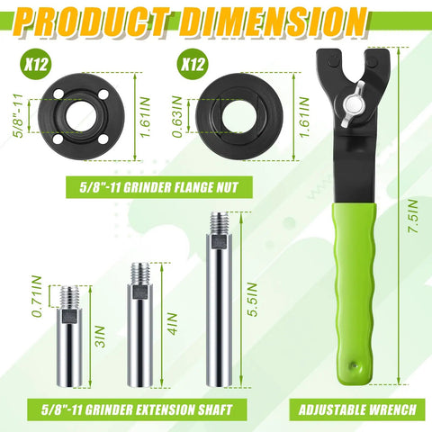 Angle Grinder Extension Shaft Kit With Flange Nuts And Wrench, 5/8-11 Adapter Set shown with dimensions and components.