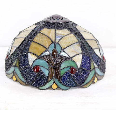 Tiffany Style Stained Glass Bedside Table Lamp With Blue And Yellow Panels, 12 by 12 by 18 Inches Shade Detail, S160E Series