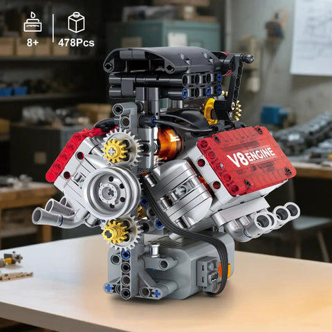 V8 Engine Building Set That Runs Build Your Own 8 Cylinder Engine With Battery And Motor 478 Pieces STEM Toy showcasing gears and pistons.