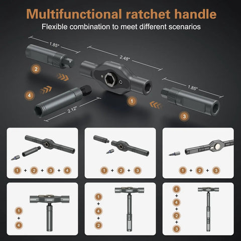 24 In 1 Magnetic Screwdriver Set With Detachable Ratchet Handle displaying components and assembly options