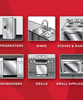 Graphic of stainless steel appliances including refrigerator, sink, stove, dishwasher, grill, and microwave.