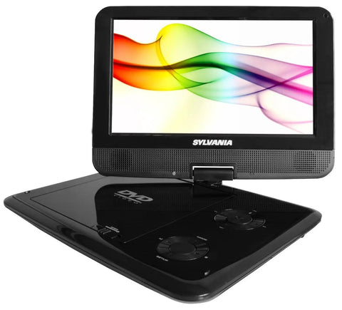 Portable Sylvania DVD player open with colorful display, compatible with Extra Long 11 Ft Car Charger For Portable DVD Players With Headrest Mount